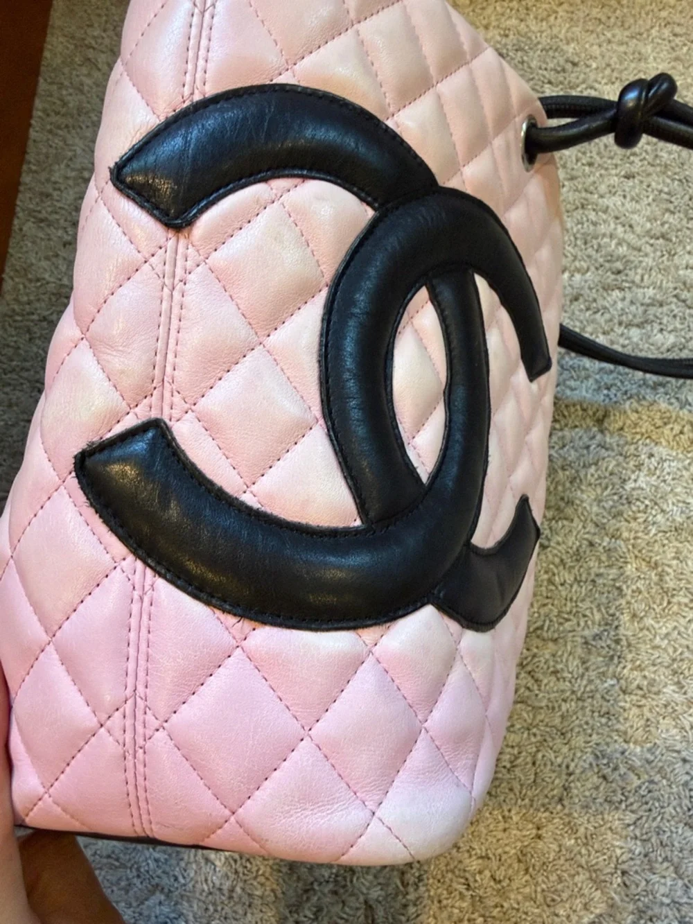 CHANEL Pink Quilted Tote with Black Trim and CC Logo